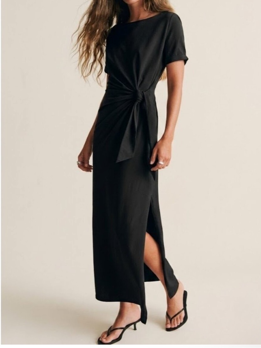 SEZANE Pippa in Noir Black Tie Waist Side Slit Maxi T-Shirt Dress Size L